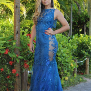 Vestido sereia azul cobalto, em tule rendado